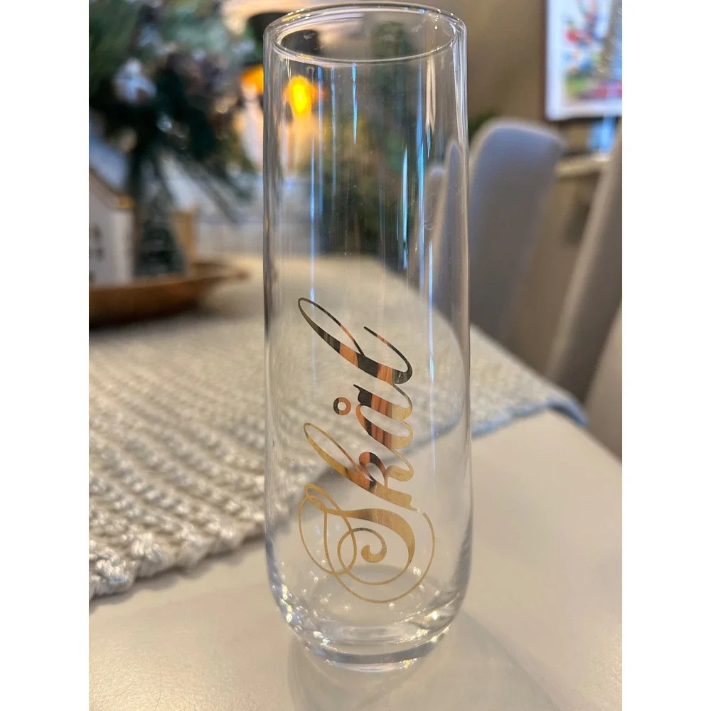 Set of 6 Stemless Champagne Flutes Gold Script International Toasts Cheers Santé